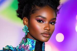 Bold floral runway presentation features a model in a structured coat adorned with 3D flower details, showcasing vibrant lighting at a fashion event photo