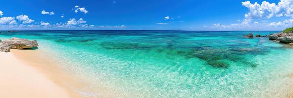 Breathtaking panoramic view of turquoise ocean merging seamlessly with the bright sky, creating a surreal and minimalistic coastal experience photo