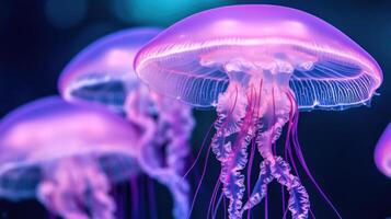 Close-up view of glowing jellyfish-like organisms showcasing colorful tendrils and abstract marine textures in a tranquil aquatic environment photo