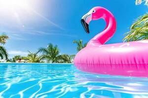 Vibrant summer day with pink flamingo float drifting in a clear turquoise pool surrounded by palm trees and bright blue sky photo
