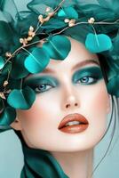 Fashion editorial showcasing abstract floral headpieces with oceanic textures and dreamy biomimicry couture elements in a vibrant setting photo