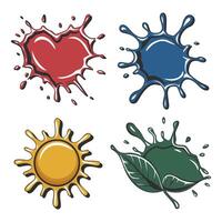 Four different colored splash splashes and leaves vector