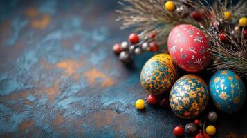 Easter eggs on a blue background photo