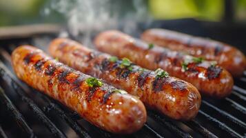 Grilled sausages on a grill photo