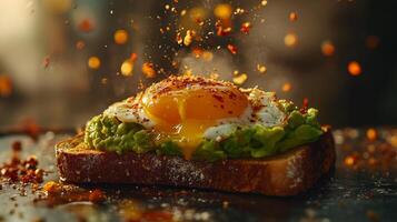 An egg is being thrown onto toast with avocado photo