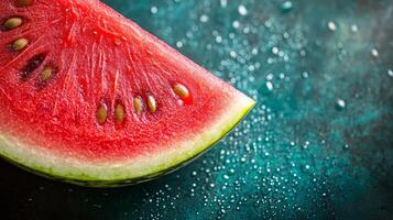 A slice of watermelon on a table with water droplets photo