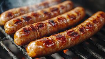 Three sausages are cooking on a grill photo
