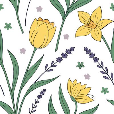 Spring Floral Pattern Seamless Design Yellow Tulips Daffodils Lavender Flowers White Background
