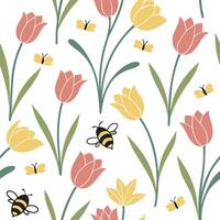 Seamless Spring Pattern Yellow and Pink Tulips with Bees and Butterflies vector