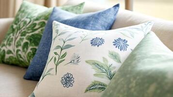 Decorative pillows with floral and leaf patterns resting on a comfortable sofa photo