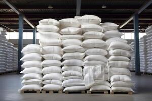 White sacks of flour or sugar stacked on pallets in large warehouse photo