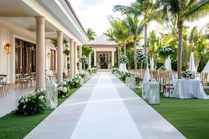 Elegant white carpet leading to wedding altar between columns and palm trees photo