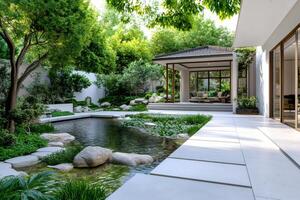 Modern house featuring a beautiful japanese garden with pond and gazebo photo