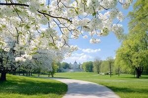 Blooming trees framing path leading to Nymphenburg Palace in Munich photo