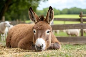 Adorable brown donkey foal resting on a farm with sheep in the background photo