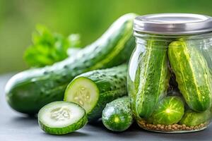 Fresh cucumbers and jar of pickles with mustard seeds on table photo