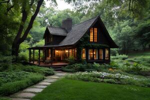Charming cottage nestled in a tranquil forest setting at dusk photo