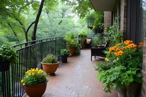 Lush Terrace Garden Overlooking Green Trees in a Residential Building photo