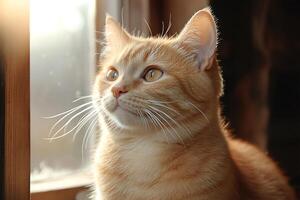 Beautiful ginger cat looking out the window in a sunny day photo