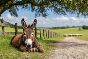 Donkey relaxing in the shade of a tree on a farm photo