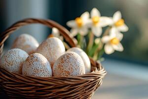 Easter eggs decorated with white lace in a wicker basket with daffodils in the background photo