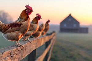 Hens standing on fence in front of farmhouse at sunrise photo