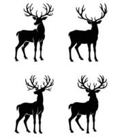 Set of deer silhouettes in various poses, featuring antlers, ideal for wildlife, nature, and Christmas-themed designs vector
