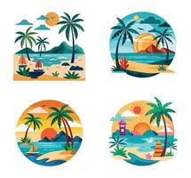 Set of summer beach icons in flat style. Tropical island with palm trees, sand, seashore and lighthouse. illustration. vector