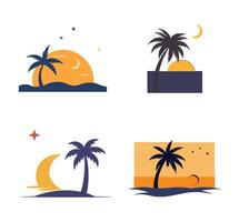 Set of summer icons in flat style. Palm trees, sun, moon, sea. illustration of a tropical beach, set of beach icons vector
