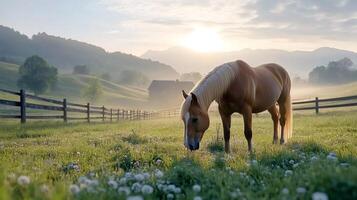 Haflinger horse grazing in a field at sunrise with mountains in the background photo