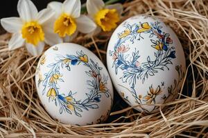 Easter eggs with floral pattern resting on straw near daffodils photo