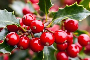 Red berries of european holly growing on branch with green leaves photo