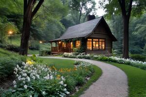 Charming log cabin nestled in a lush green forest setting, inviting pathway leading to tranquility photo