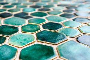 Emerald green hexagonal tiles creating beautiful mosaic surface photo