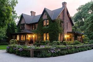 Beautiful brick house covered in ivy during sunset with garden and fence photo