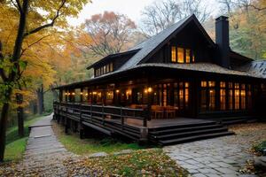 Cozy wooden house with lights on surrounded by colorful autumn trees in the evening photo