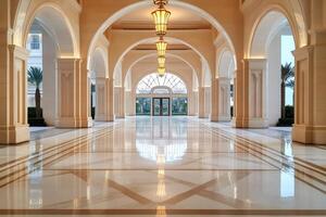 Elegant arches and shiny marble floor reflecting lights in luxury hotel corridor photo