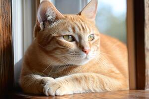 Ginger cat relaxing and looking outside through window photo