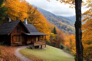 Cozy wooden cabin standing on a hill in the colorful autumn forest photo