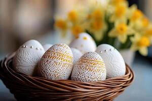 Easter eggs with white and gold ornaments are lying in a wicker basket with daffodils in the background photo