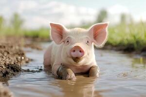 linda cerdito relajante en un barro charco foto