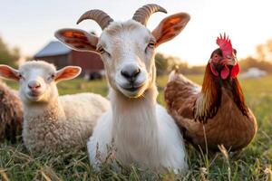 Goat, sheep and hen resting together on a farm at sunset photo