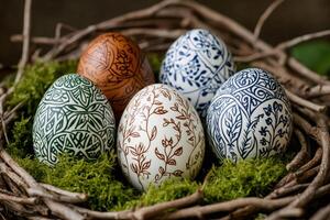 Easter eggs with hand-drawn patterns resting in a nest photo