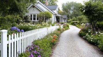 Gravel driveway leading to idyllic white house with picket fence and lush colorful garden photo