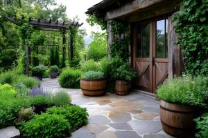 Charming rustic house with pergola and lush garden featuring wooden barrels as planters photo