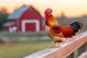 Rooster standing on fence railing with red barn in background at sunrise photo