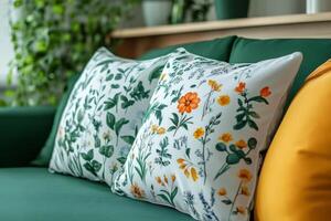 Decorative pillows with floral and leaf patterns resting on a green sofa photo