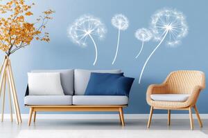 Modern living room with dandelion wall decor, sofa and armchair showing autumn atmosphere photo