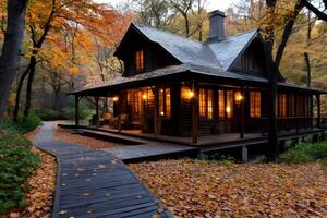 Cozy wooden cabin glowing in autumn forest at dusk photo