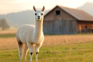 White llama standing in a field with a barn in the background photo